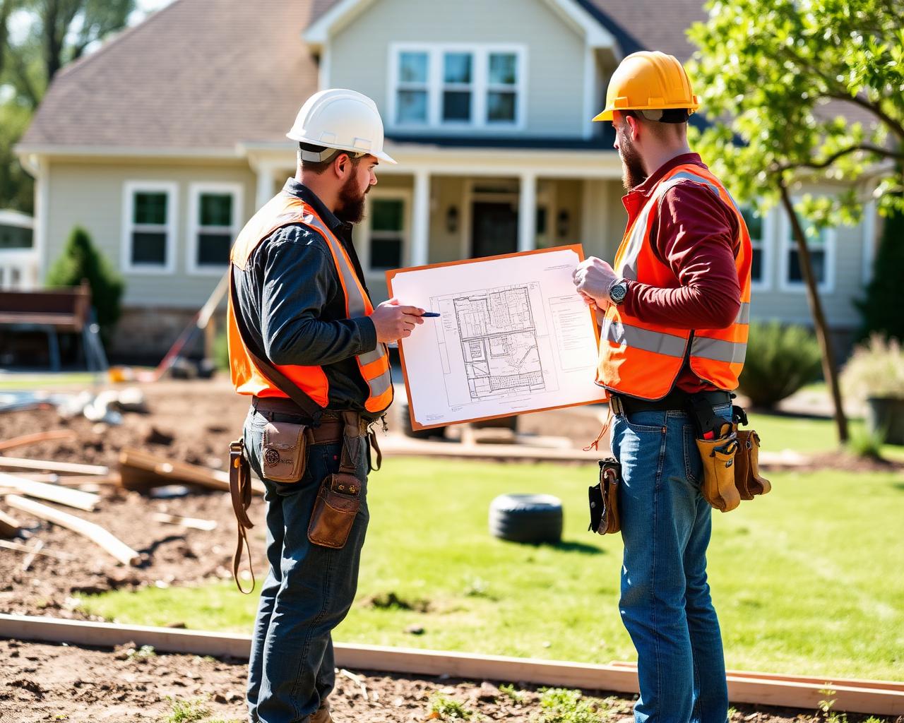 Construction crew reviewing site plans on a Wisconsin property